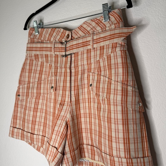 Jonathan Simkhai Shorts Prisha Plaid Belted Lined Cream Orange Size 4 - Picture 2 of 7